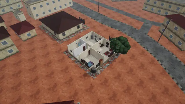 A cutaway view of a furnished two-room flat on its compound, with neighbouring houses and the street around it