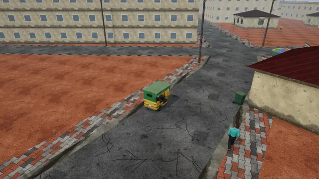 A keke on the road in Sabo, and a neighbour walking along the pavement past the houses